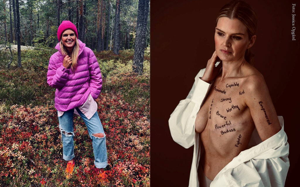 en kvinne i rosa jakke og et bilde av en kvinne med tatoveringer.