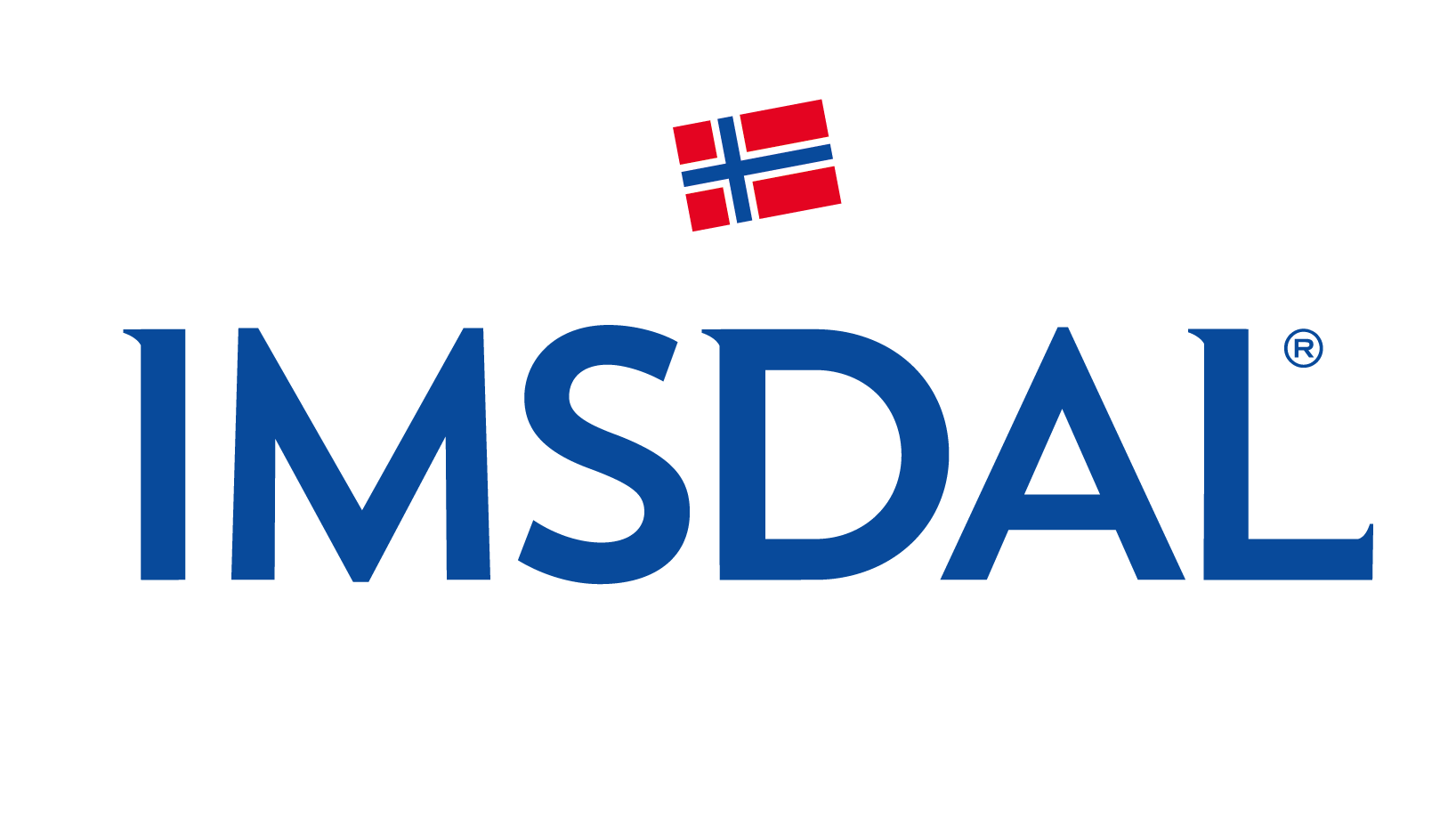 Ordet «IMSDAL» i blå store bokstaver med et lite norsk flagg over teksten, alt på en lysegrå bakgrunn.